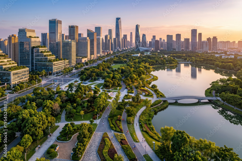 Fototapeta premium Modern Cityscape with Lush Green Park and Serene Lake at Sunset architecture skyscrapers