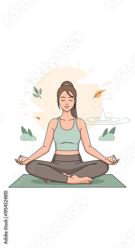A woman meditating peacefully on a yoga mat outdoors with gentle sunlight and falling leaves.