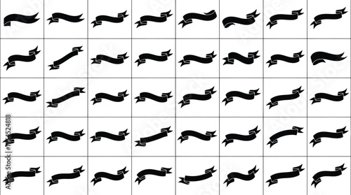 Collection of 40 black ribbon banners in dynamic poses and styles on a white background Keywords: ribbon banner, ribbon, graphic element, design element, decorative element, award, celebration