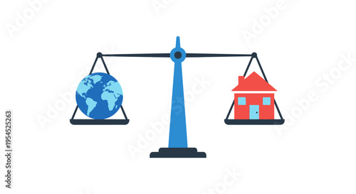 Conceptual Illustration of a Balance Scale Weighing the Earth Against a Red House - Symbolizing Work-Life Balance, Global Real Estate, or Environmental Sustainability
