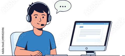 Man wearing headset sits at desk with computer