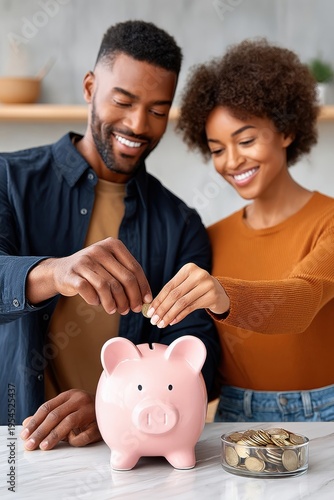 Young couple saving money together by putting coins into a pink piggy bank at home