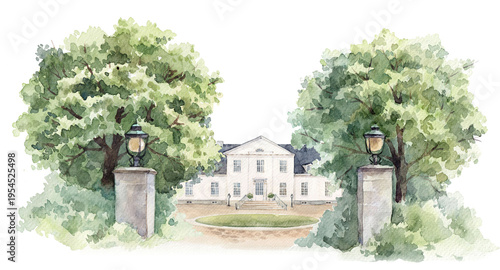 Watercolor Wedding Venue Entrance Estate Illustration Elegant Mansion French Country Luxury Invitation Design