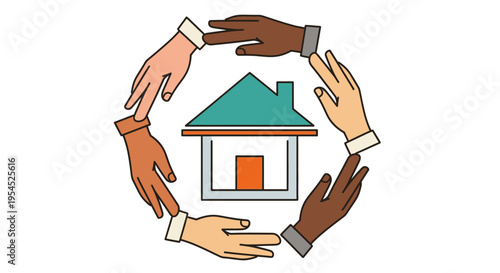 Diverse Hands Surrounding House Icon Representing Community Support, Protection, and Real Estate Security