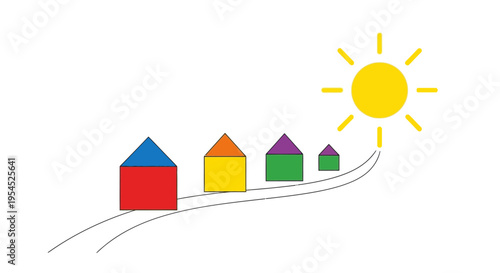 Minimalist Illustration of Colorful Houses on a Winding Path Leading to a Bright Yellow Sun