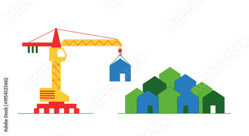 Construction Crane Building a New Residential Neighborhood, Real Estate Development and Housing Market Concept, Flat Vector Illustration on White Background