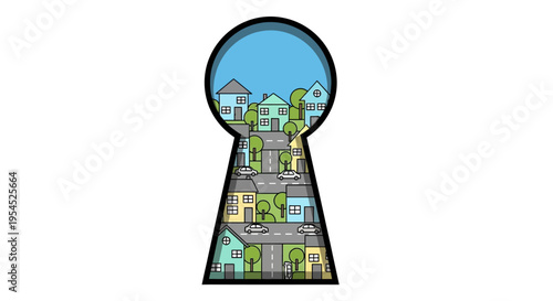 Conceptual Illustration of a Suburban Neighborhood Through a Keyhole, Symbol for Real Estate Opportunity and Home Ownership