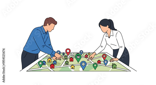 Real Estate Agents Analyzing City Map with Location Pins and House Icons for Property Investment and Urban Planning Concept