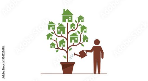 Real Estate Investment Growth Concept: Person Watering a Tree with Green Houses Representing Property Market Development and Wealth Building