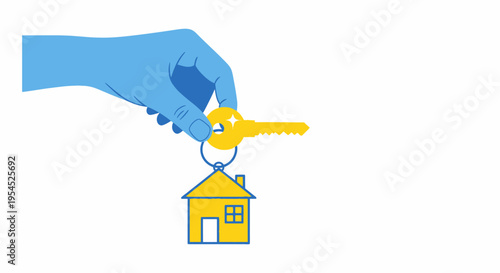 Blue Hand Holding Gold House Key with Keychain, Real Estate and Home Ownership Concept Flat Vector Illustration