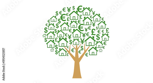 Conceptual Money Tree with Green House Icons and Global Currency Symbols for Real Estate Investment, Property Market Growth and Financial Wealth Management