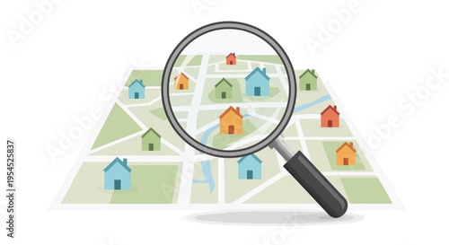 Real Estate Search and House Hunting Concept Illustration with Magnifying Glass Zooming in on a Neighborhood City Map - Property Investment and Residential Location Search