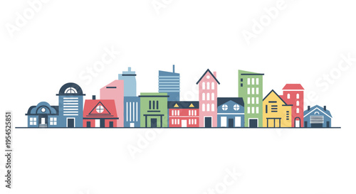 Minimalist Colorful Cityscape Skyline Illustration - Flat Vector Urban Town Buildings Design
