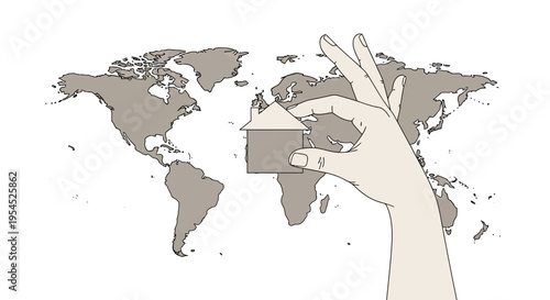 Global Real Estate and International Property Investment Concept with Hand Holding House Icon over World Map