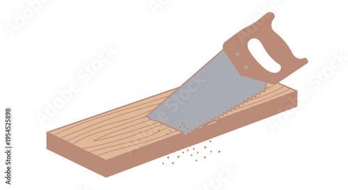 Hand saw cutting through wood plank.