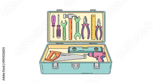 Teal toolbox with assorted tools inside.