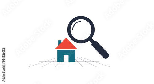 Real Estate Search and Property Analysis Icon - Magnifying Glass over House on Grid Background