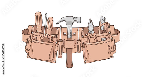 Leather tool belt with hammer and tools.