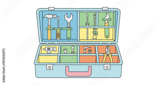 Colorful toolbox with various tools inside.