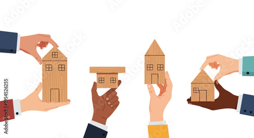Diverse Hands Holding and Building Wooden Toy Houses for Real Estate, Mortgage, and Home Ownership Concept Illustration