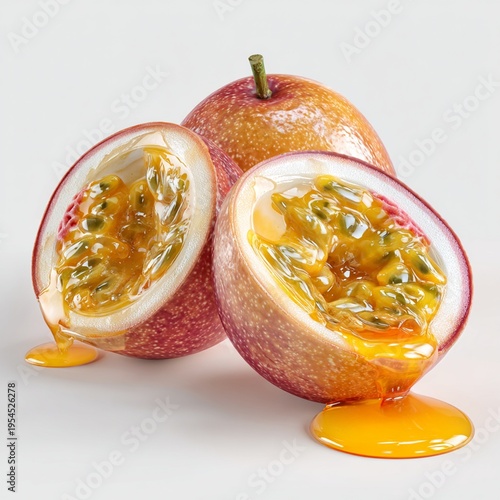 A passion fruit, one cut in front and another whole one behind, a juicy and healthy fruit