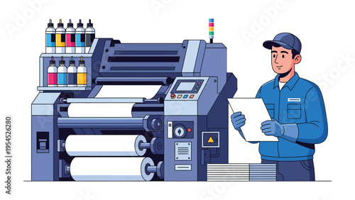 Print Technician in Action: A skilled print technician meticulously inspects a large-format printing machine, overseeing the production process and ensuring quality output.