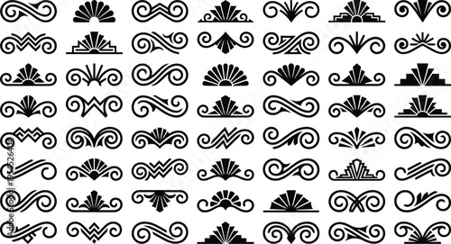 Collection of black art deco style decorative elements and flourishes Keywords: art deco, flourish, ornament, divider, swirl, scroll, geometric, decorative, elegant, design element, graphic