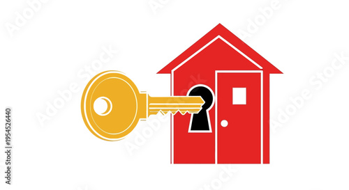Golden Key Entering Red House Keyhole Icon, Real Estate Concept of Home Ownership, Mortgage, and Security Symbol isolated on White