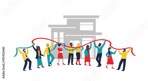 Diverse People Collaborating to Build a Home Concept - Flat Vector Illustration of Community Teamwork in Real Estate Development