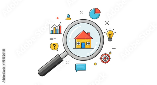 Real Estate Market Analysis Concept with Magnifying Glass and House Icon; Property Search, Investment Data, and Home Evaluation Research Illustration on White Background