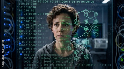 A woman with curly hair focuses intently on a screen displaying glowing binary code and digital graphics. The sophisticated atmosphere reflects cutting-edge technology in action.