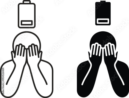 A graphic illustration of two people covering their faces with low battery symbols