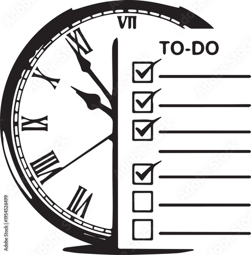 A to-do list checklist beside a clock with roman numerals and ticked boxes