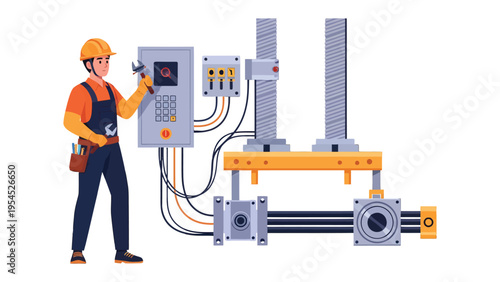 Technician at Work: A skilled technician diligently repairs industrial machinery, his focus and expertise highlighted as he works with tools and equipment.