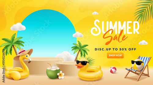 Summer Sale Beach Banner with Tropical Vacation Elements