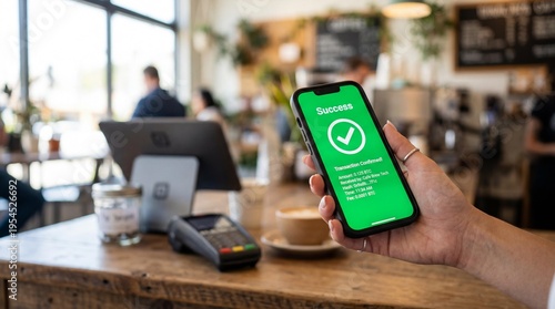 A customer happily shows their smartphone with a success notification, celebrating a successful payment while enjoying a coffee in a bustling cafe filled with bright light.