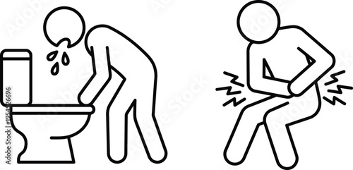 A person experiencing severe stomach pain and vomiting in a toilet
