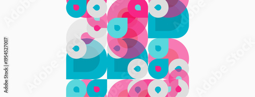 Abstract colorful shapes overlap, creating playful modern pattern. Pink, teal hues dominate composition. Simple geometry defines design.