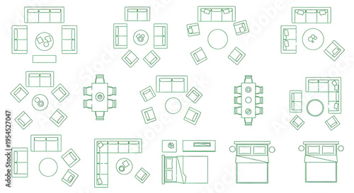 Small Table Top View Vector Collection – Green Furniture Layout Icons for Interior Floor Plans