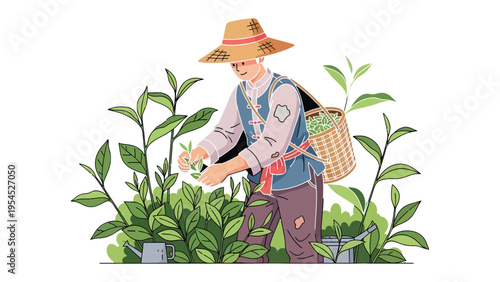 Tea Plantation Harvest: A dedicated worker meticulously harvests tea leaves from lush green tea plants, embodying the essence of traditional craftsmanship. 