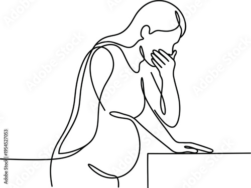 A minimalist line drawing of a woman in a contemplative pose