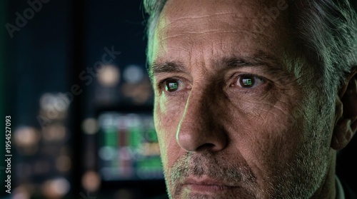 A man with gray hair intensely examines screens filled with financial data, surrounded by a dark room illuminated by the city skyline at night. His focus reflects his commitment to success.