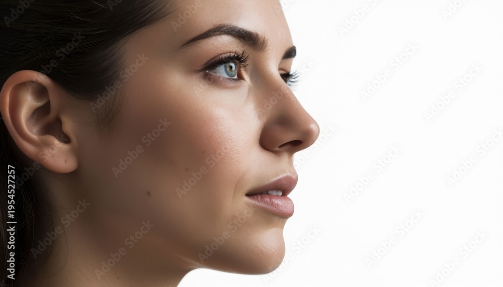 Obraz premium A woman is gazing thoughtfully to the side, showcasing her profile. The woman's features are soft and well-defined under natural lighting.