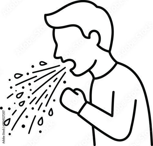 A man coughing into his elbow in a simple line drawing