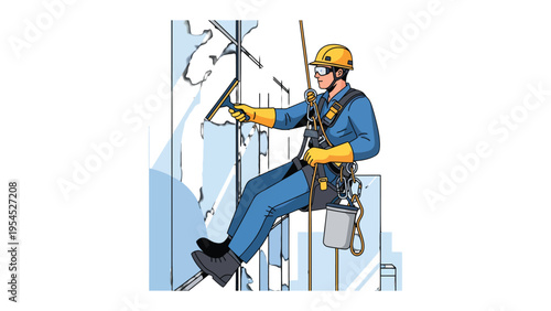 The Window Washer: An industrial worker meticulously cleans a skyscraper window using specialized equipment, showcasing his skill and commitment to maintaining the building's aesthetic.