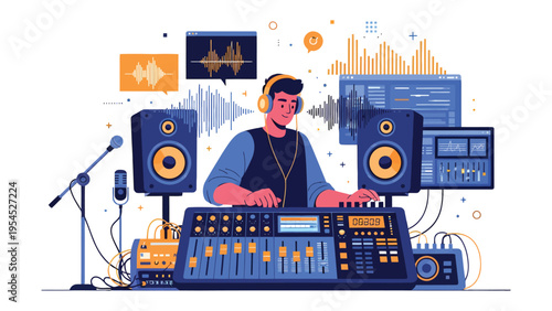 The Art of Sound: A music producer at the heart of their studio, expertly crafting melodies and beats with their audio mixing equipment.