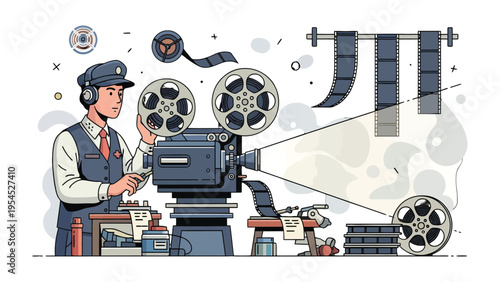 The Art of Film: A cinematic scene unfolds with a skilled projectionist meticulously managing film reels, evoking a sense of creativity and technological precision. 