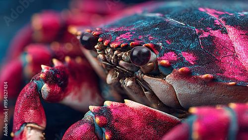 Blue swimming crab illustration with detailed anatomical features and paddle legs in dynamic diagonal composition.
