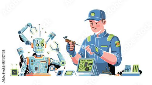 Robotics Technician at Work: An engineering professional meticulously repairs a sophisticated robot, showcasing the intersection of innovation and precision, while focusing on detail.