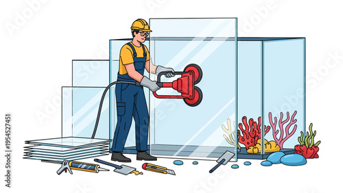Craftsman Assembling Glass Aquarium: A skilled craftsman expertly manipulates a large sheet of glass, using specialized tools, with an aquarium, a vision of marine life taking shape.